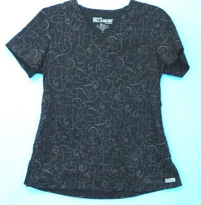 Grey’s Anatomy Scrub Top by Barco Black White Pattern Print Size Small - Image 1 of 4