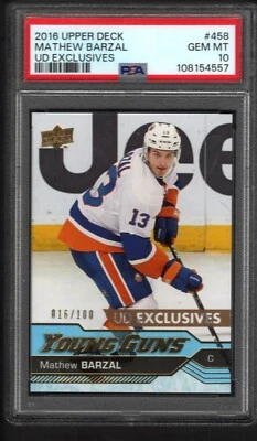 MATHEW BARZAL 2016-17 Upper Deck Young Guns Exclusives #16/100 ROOKIE PSA 10 Gem - Image 1 of 2