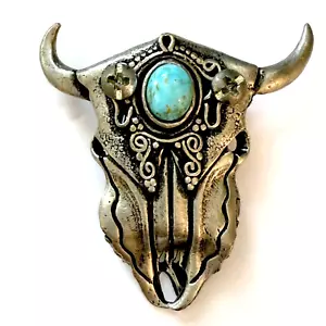 Vintage Pewter Longhorn Cow Head Concho Turquoise Stone Elaborate Design Mint - Picture 1 of 23