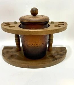 Vintage Dun Rite Wood Tobacco 6-Pipe Stand Rack with Glass Humidor Jar - Picture 1 of 6