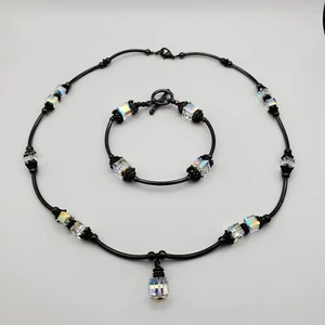 Vintage Aurora Borealis Bar 16" Necklace & Bracelet Set Handmade 70s Cylindrical - Picture 1 of 11