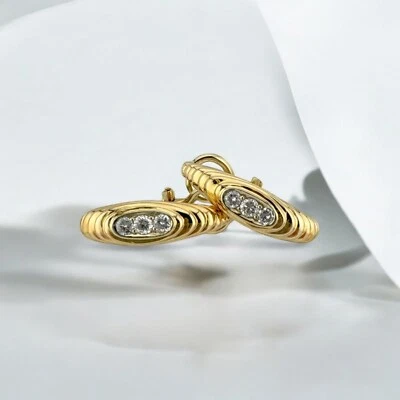 Vintage Estate 14 Karat Yellow Gold Diamond Ribbed Design Omega Back Earrings - Image 1 of 4