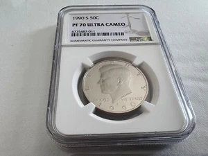 1990-S CLAD KENNEDY HALF DOLLAR NGC PF70 ULTRA CAMEO BROWN LABEL "TOP POP" - Picture 1 of 4