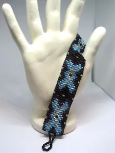 Bracciale Tessuto Boho Etnico Vetro Semi Perline Blu Argento Perline Fascia Gioielli - Foto 1 di 4
