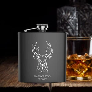 Personalised engraved STAG PARTY hip flask gift idea, black coated stainless - Picture 1 of 3