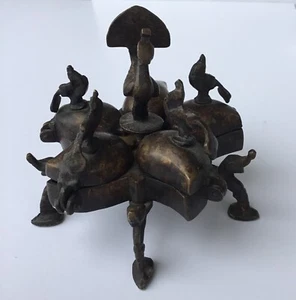 VTG Kumkum Tikka 5 Compartment Spice Brass Box Peacock Finial Elephants Ft India - Picture 1 of 9