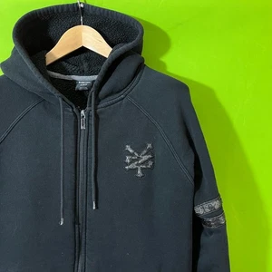 Medium Y2K Zoo York Full Zip Up Hoodie Black Fleece Lined Mens Stripe Skate - Picture 1 of 8