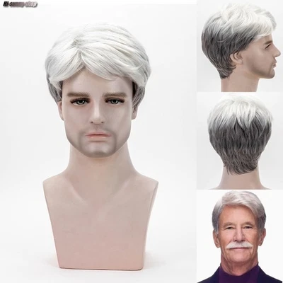 Peluca corta rizada ondulada gris plata pelucas de cabello natural sintético para ancianos para hombre Foto 1 de 4