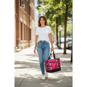 PINK Victoria's Secret Tote Bag Bright Pink Black Logo Strap Large Carryall - Picture 1 of 4
