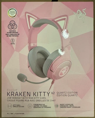 Razer Kraken Kitty V2 USB Headset with RGB Kitty Ears Quartz Edition - NEW - Image 1 of 4