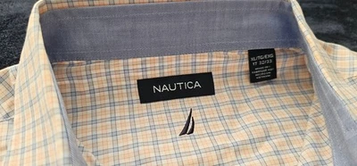 Camisa social masculina Nautica com botões tamanho XL 32/33 rosa/azul xadrez - Imagem 1 de 4