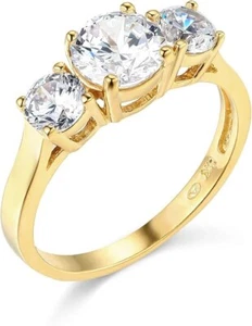 1.95 Ct Round Cut Solid 14K Yellow Gold 3 Three Stone Engagement Wedding Ring - Picture 1 of 3
