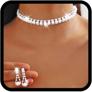 Perlenketten, silberfarben, Brautschmuck-Set, Strass-Halskette, Schmuck, 2-teili - Bild 1 von 6