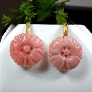 Genuine Pink Coral Earrings Screw Back Carved Coral Rose - Picture 1 of 7