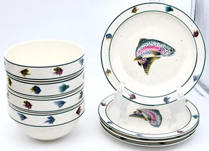 Folkcraft Scotty Z Rainbow Trout Bowl Plate Set Lot 8 Cabin Lake House Fishing - Picture 1 of 7