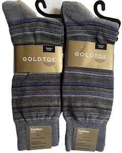 Gold Toe Mens 6 Pairs Fashion Crew Socks Stripe Grey Ivory Sage Shoe Sz 6-12.5 - Picture 1 of 10