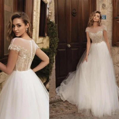 Brautkleid Hochzeitskleid Pailletten Luxus A-Linie Weiß Ivory Maßgeschneidert - Bild 1 von 4