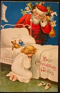 Clapsaddle Christmas Postcard Little Girl Says Prayers as Santa Claus Watches - Picture 1 of 2