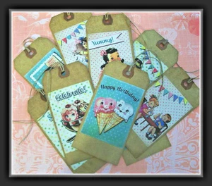 HAPPY BIRTHDAY HANG TAGS - RETRO KIDS AND ICE CREAM - PRIMITIVE - SET OF NINE - Picture 1 of 4