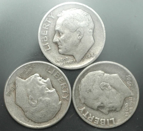 1946-P-D-S Roosevelt Silver Dime year set of three coins Cover