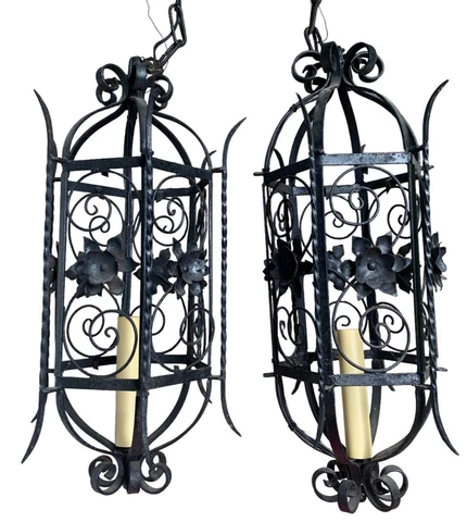 PAIR Spanish Revival Wrought Iron Pendant Hanging Light Antique Gothic Lamp Tole Cover
