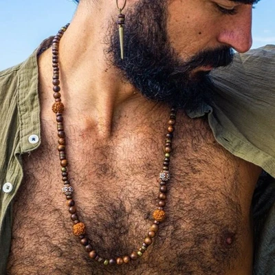 Men Natural Wood Beaded Necklace Handcrafted Boho Tribal Jewelry Yoga Meditation - Image 1 of 4