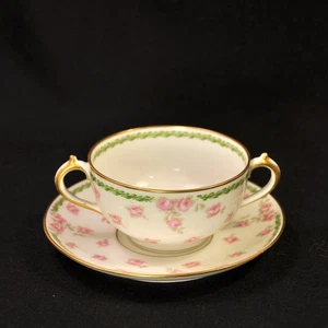 GDA Ch Field Haviland Limoges Cream Soup Bouillon Pink Roses Leaves 1937-41 Gold - Picture 1 of 24
