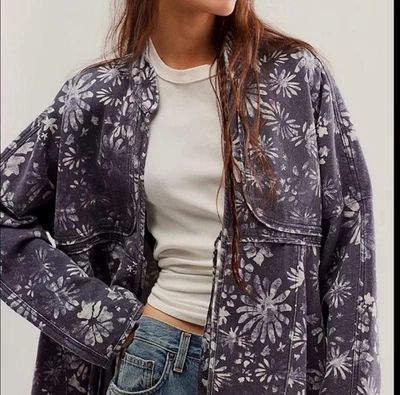 Free People Floral Print Denim Tie From Coat Size Medium Long Sleeve Oversized - Image 1 of 4