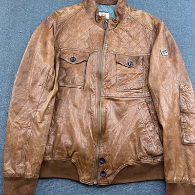 Chaqueta de Cuero Hugo Boss Naranja Cordero Para Hombre Talla 52 Marrón Bomber Motociclista Foto 1 de 4