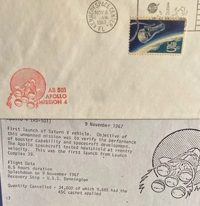 APOLLO 4 (AS-501) Launch Official NASA RED Cachet ; KSC 1967 ON SPACE STAMP - Picture 1 of 7