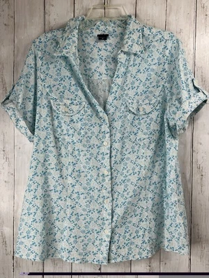 Basics Edition Women's Floral Babydoll Button Up Top 1X Blue Stretch Mature - Image 1 of 4