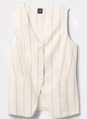 Chaleco palangre para mujer Gap mezcla de lino. Raya neutra. Talla pequeña Foto 1 de 4