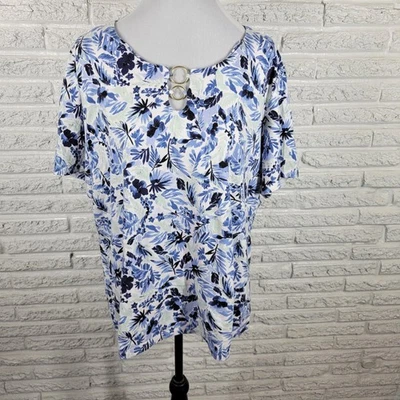 Coral Bay Womens Top 2X Plus Tee Short Sleeve Cotton Blend Blue Floral Keyhole - Image 1 of 4