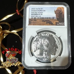 2023 $1 FIJI REVERSE PROOF SILVER BUFFALO NGC PF70 PRIMO GIORNO DI EMISSIONE 1 OZ .999 - Foto 1 di 2