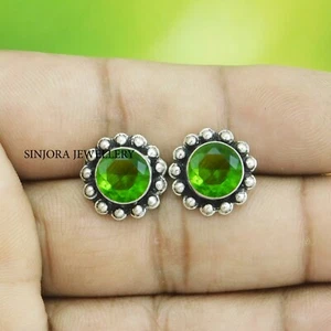 Peridot Gemstone 925 Sterling Silver Handmade Jewellery Stud Earrings - Picture 1 of 4