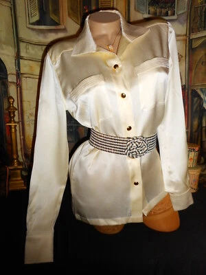 Blusa de Seda ESCADA 34 Marfil Crudo Hueco Dorado Botones Cuello Poeta Largo Slv X-largo Foto 1 de 4