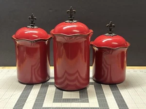Southern Living At Home Styled CINNABAR CANISTER Red Fleur de Lis French 3-Set - Picture 1 of 18