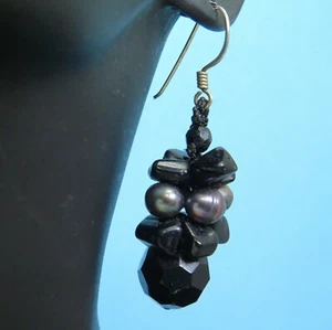 Pendientes colgantes de racimo de perlas y ónix negros de agua dulce plata esterlina 925 11 g - Imagen 1 de 8