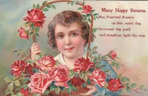 DE COLECCIÓN ENCANTADORA POSTAL de felicitación de cumpleaños para niños en relieve con cesta de rosas - Imagen 1 de 2