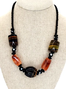 Chunky Vintage Orange Agate & Black Multi-Color Art Glass Necklace  17 in - Picture 1 of 5