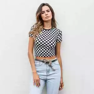 Ladies Checkered Crop Tee Womens Tartan Tshirt Cap Sleeve Square Pattern Top - Picture 1 of 7