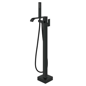 Black Floor Mount Bathtub Faucet Freestanding Tub Filler Waterfall Spout Mix Tap - Picture 1 of 13