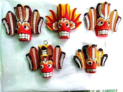 Sri Lankan 4 Wooden Mask Traditional Hand Craved Wall Hung Home Deco Free Ship - Image 1 of 4