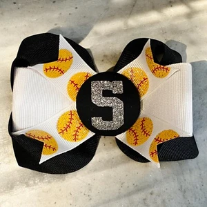 Customizable Softball Glitter Hair Bow with Number or Initial Team School Colors - Picture 1 of 10
