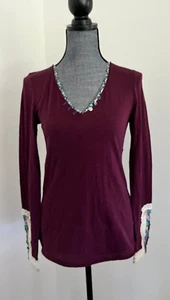 Anthropologie Little Yellow Button V-Neck 3/4 Sleeve Lace Cuff Tee Top Maroon, S - Picture 1 of 23