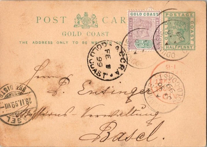 Gold Coast 1/2d QV on 1/2d QV Postal Card 1899 Odumasie, Gold Coast to Basel, Sw - Image 1 of 1