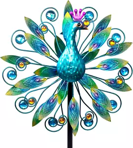 Outdoor Wind Spinner 58" Metal Peacock Wind Spinner Double Peacock Wind Sculptur - Picture 1 of 12