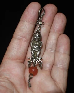 Original Ching Period Antique Chinese Silver Charm / Pendant w/ Coral Adornment - Picture 1 of 13