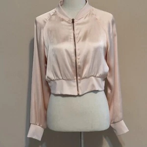 Sz M Medium Zara Basic lightweight light pink peach Satin Cropped jacket W/B Col - Picture 1 of 7