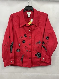 Quacker Factory Jacket Size 2X Floral Beaded Embroidery Red Jean Denim A40119 - Picture 1 of 21